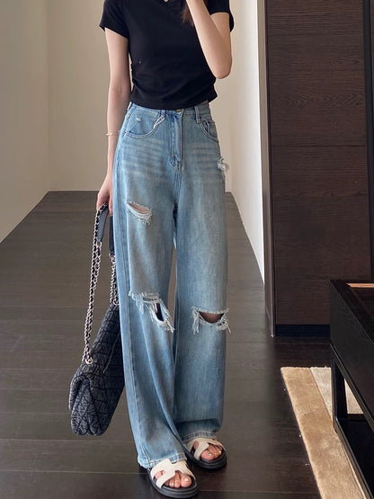 AMR UU◆Fashionable holes, long legs, high waist, narrow version, straight loose wide leg pants, women's jeans, new summer style