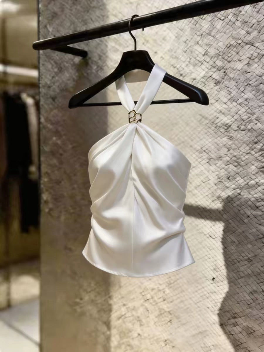 Korean-style chic halter-neck sleeveless top for women—a sexy, versatile, and trendy white camisole featuring a unique, innocent-yet-alluring aesthetic perfect for summer.