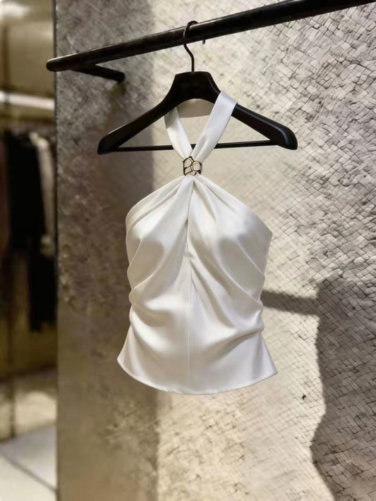 Korean-style chic halter-neck sleeveless top for women—a sexy, versatile, and trendy white camisole featuring a unique, innocent-yet-alluring aesthetic perfect for summer.