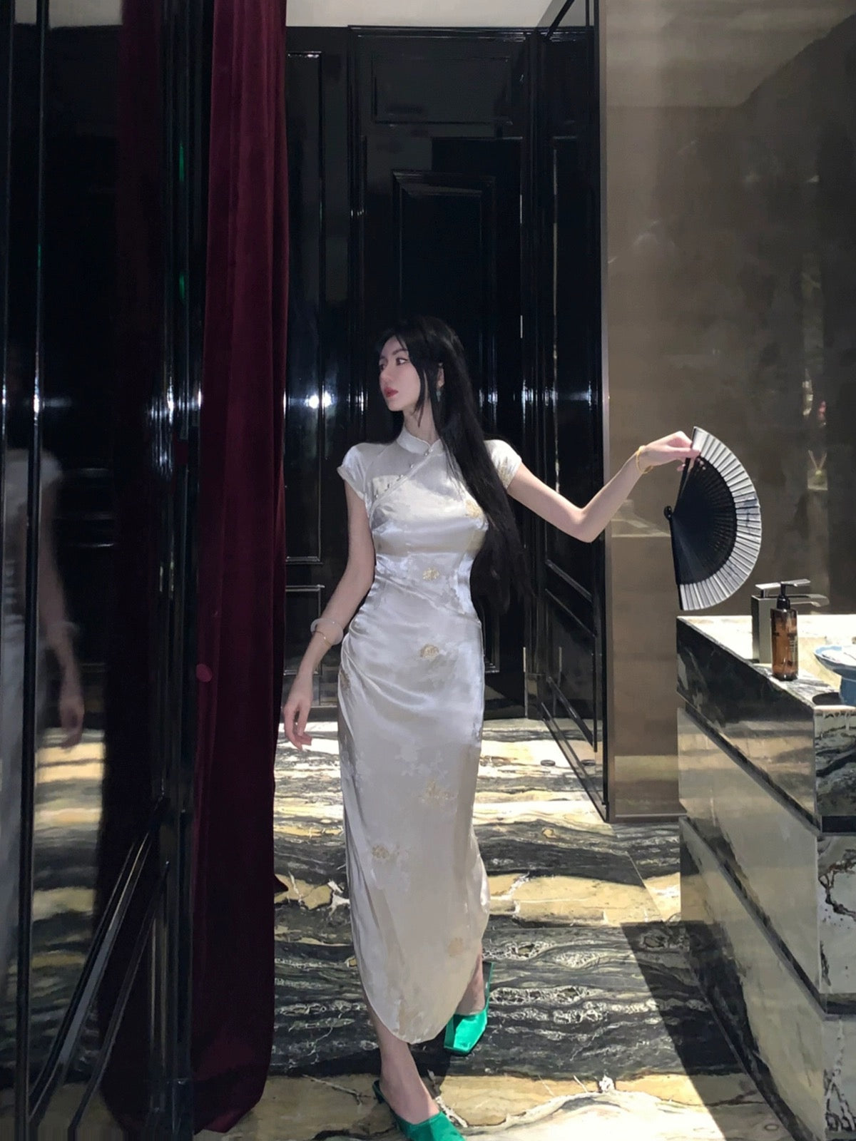 MOSS STUDIO [Golden Butterfly Nonghua] National style new Chinese Zen rayon cheongsam waist dress for women