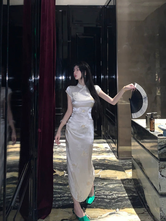 MOSS STUDIO [Golden Butterfly Nonghua] National style new Chinese Zen rayon cheongsam waist dress for women
