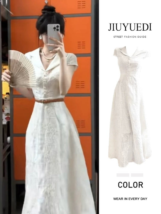 JIUYUEDI Late September Korean Style Gentle White Embroidered Collar Dress, Summer High-End Elegant Waist-Defining Long Dress
