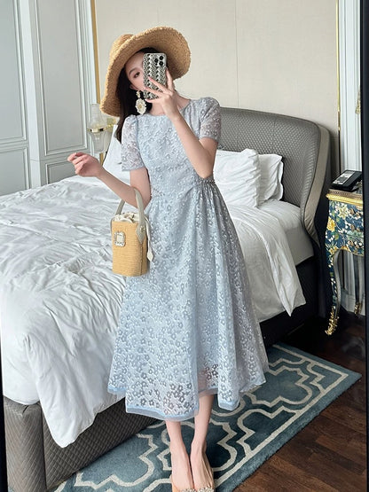 Beach holiday dress for women French style light luxury temperament niche design waist thin mesh jacquard tea break long dress