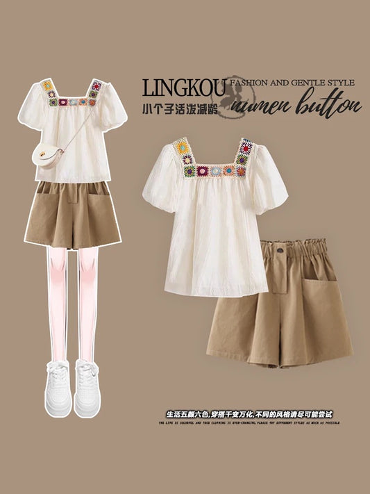 Summer women's suits, large size, fat mm, slimming and meat-covering design, French square collar shirt, top and shorts, two-piece suit