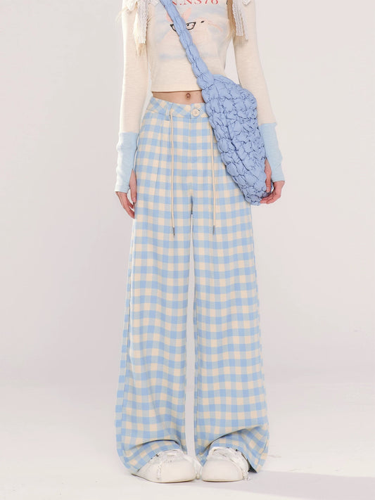 Dopamine blue casual plaid pants women's new summer wear new thin straight style loose