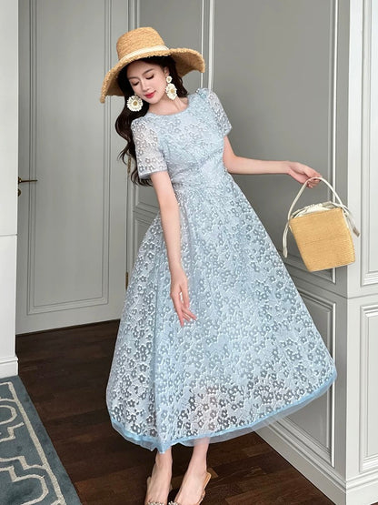 Beach holiday dress for women French style light luxury temperament niche design waist thin mesh jacquard tea break long dress