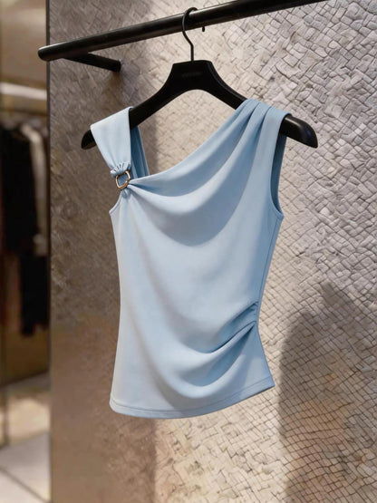 Chic, premium-feel blue asymmetrical one-shoulder tank top with a Korean-style design; a flattering, sleeveless summer piece perfect for layering.