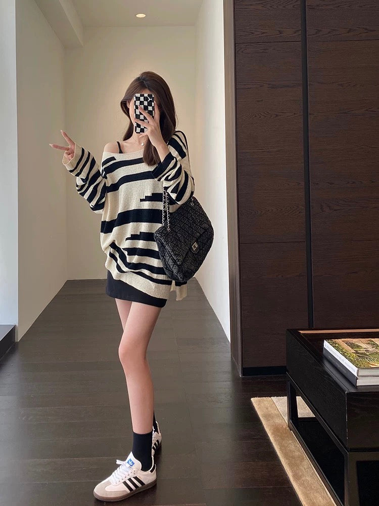 AMR UU◆"Paper Man" lazy and fashionable boyfriend style big sweater loose striped sweater women's sweater autumn new