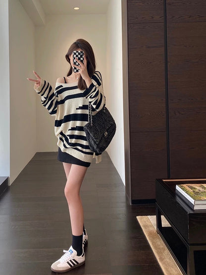 AMR UU◆"Paper Man" lazy and fashionable boyfriend style big sweater loose striped sweater women's sweater autumn new