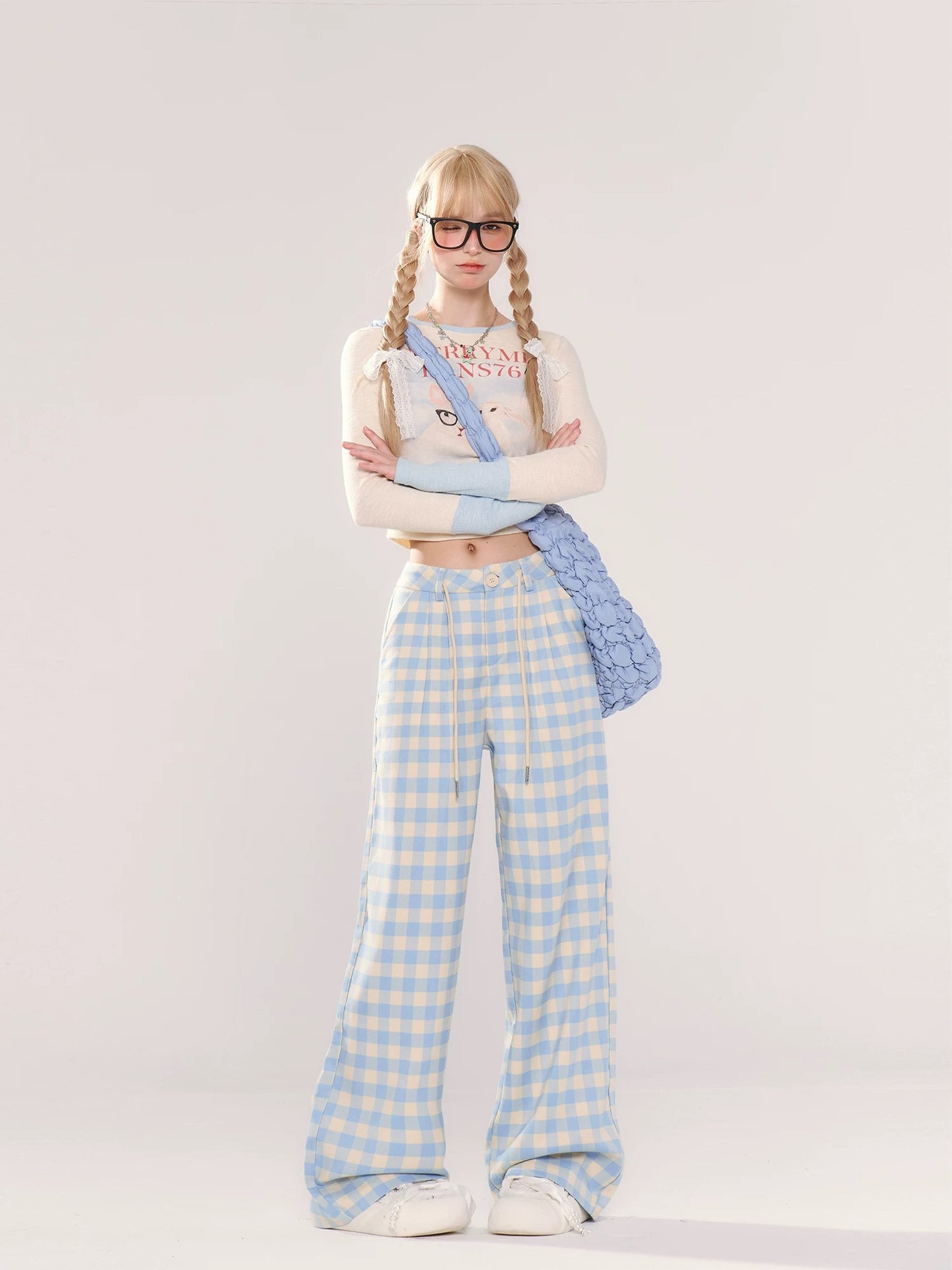Dopamine blue casual plaid pants women's new summer wear new thin straight style loose