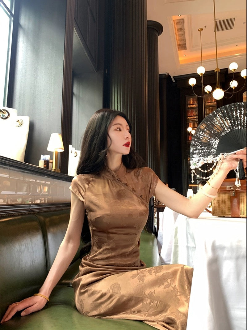 MOSS STUDIO [Golden Butterfly Nonghua] National style new Chinese Zen rayon cheongsam waist dress for women