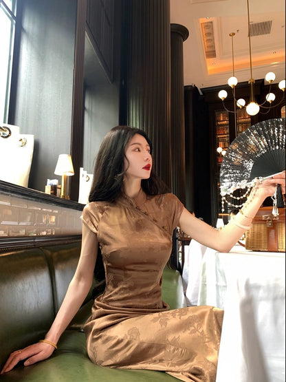 MOSS STUDIO [Golden Butterfly Nonghua] National style new Chinese Zen rayon cheongsam waist dress for women