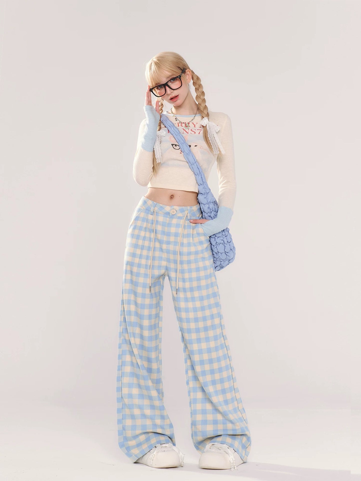 Dopamine blue casual plaid pants women's new summer wear new thin straight style loose