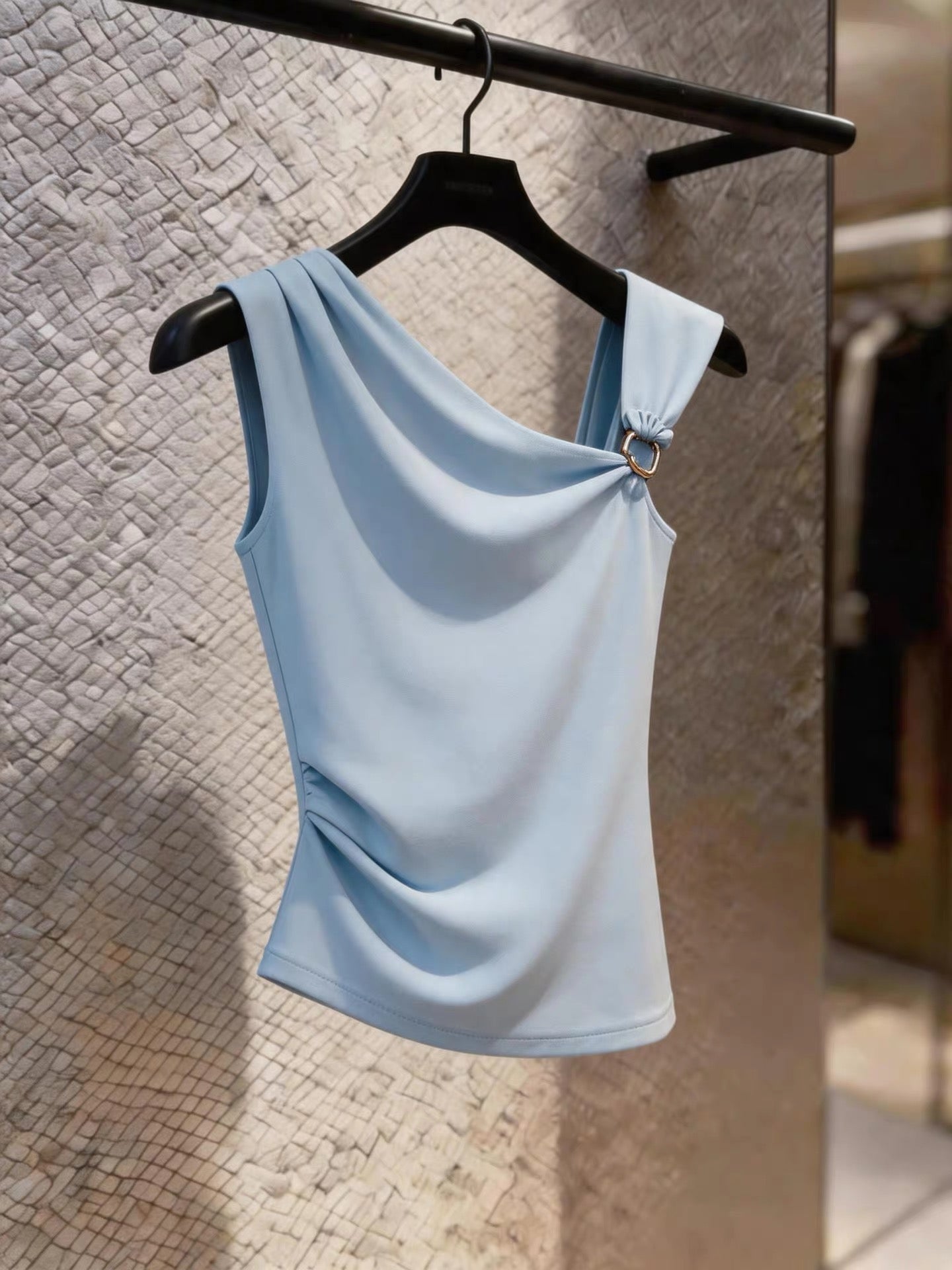 Chic, premium-feel blue asymmetrical one-shoulder tank top with a Korean-style design; a flattering, sleeveless summer piece perfect for layering.