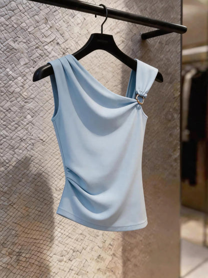 Chic, premium-feel blue asymmetrical one-shoulder tank top with a Korean-style design; a flattering, sleeveless summer piece perfect for layering.