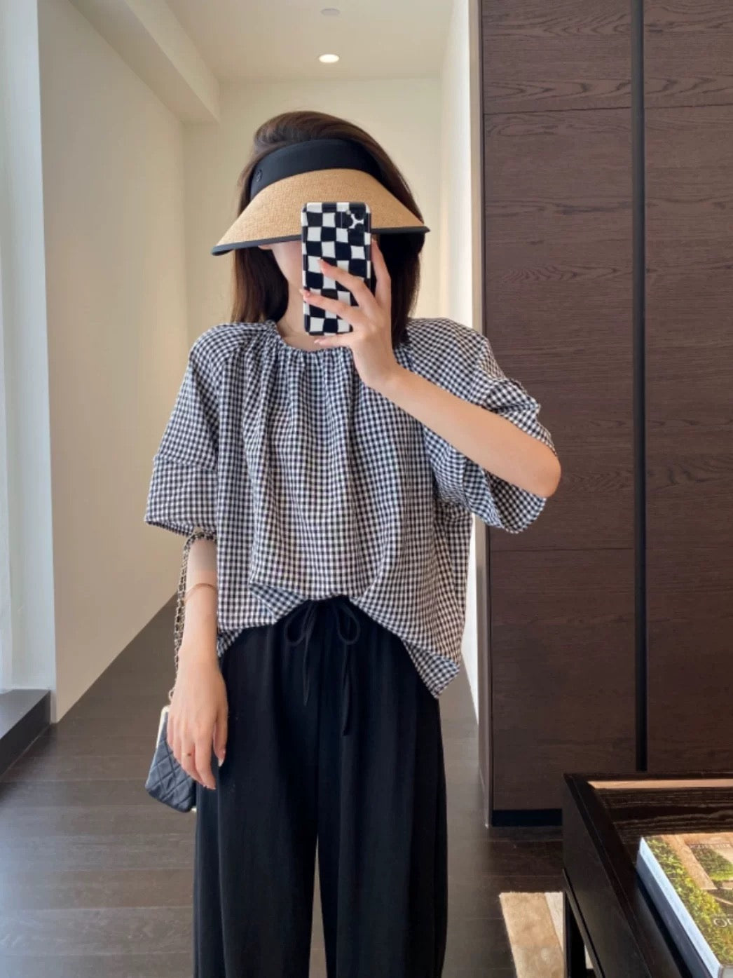 AMR UU◆Retro and fashionable lazy style loose plaid shirt slim short-sleeved women's T-shirt 2024 summer new