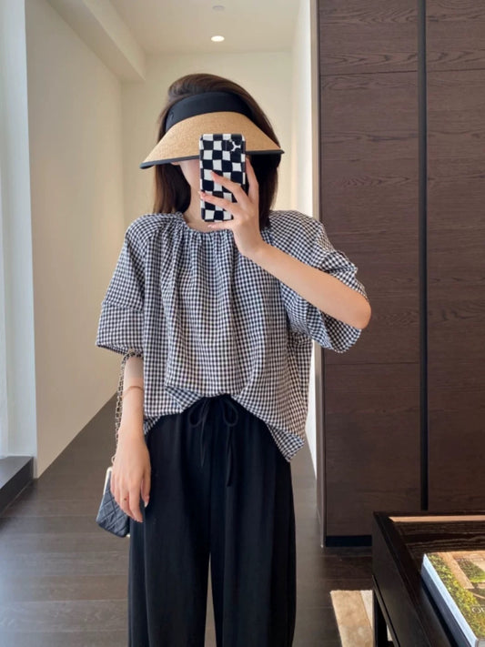 AMR UU◆Retro and fashionable lazy style loose plaid shirt slim short-sleeved women's T-shirt 2024 summer new