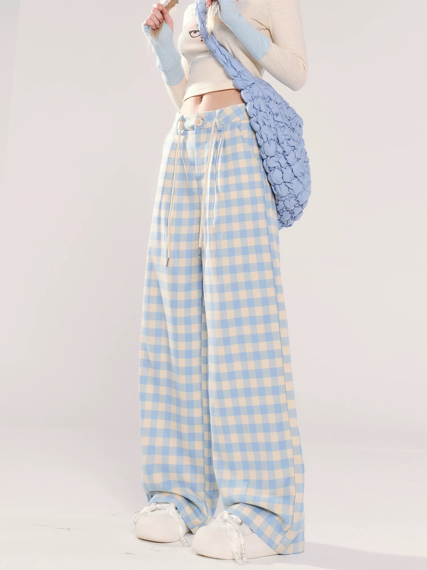 Dopamine blue casual plaid pants women's new summer wear new thin straight style loose