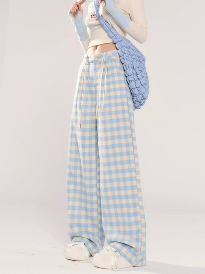 Dopamine blue casual plaid pants women's new summer wear new thin straight style loose