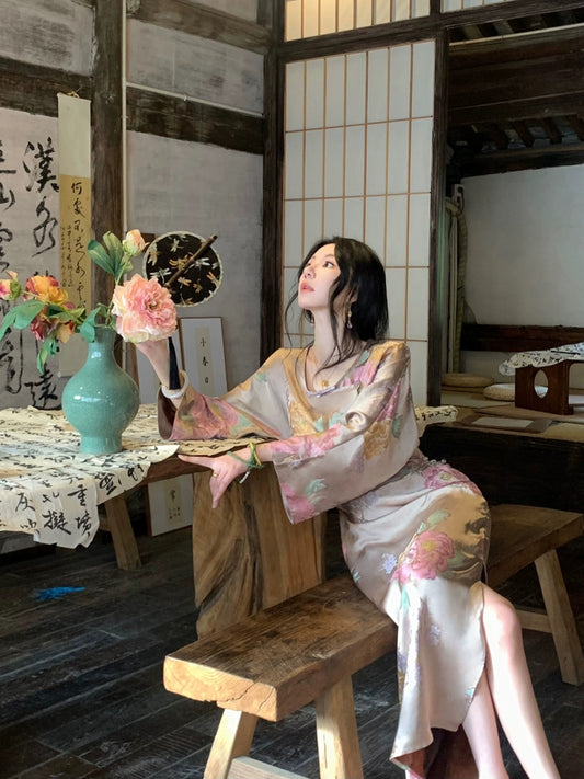 MOSS STUDIO [Furong Chunjuan] National style new Chinese style Xiangyunsha long-sleeved cheongsam slit dress for women