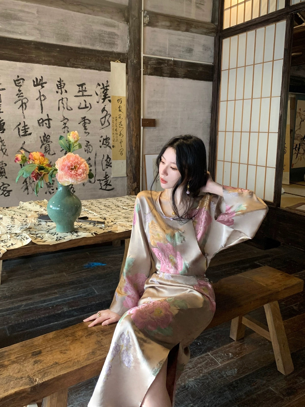 MOSS STUDIO [Furong Chunjuan] National style new Chinese style Xiangyunsha long-sleeved cheongsam slit dress for women