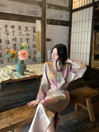 MOSS STUDIO [Furong Chunjuan] National style new Chinese style Xiangyunsha long-sleeved cheongsam slit dress for women