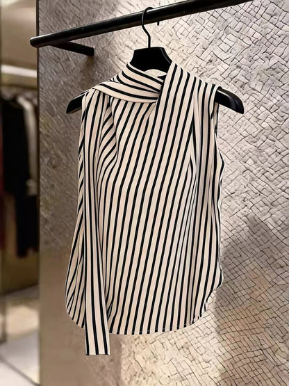 Women's Sleeveless Striped Halter-Neck Blouse with Tie Detail – Elegant, Slimming, and Versatile Summer Top