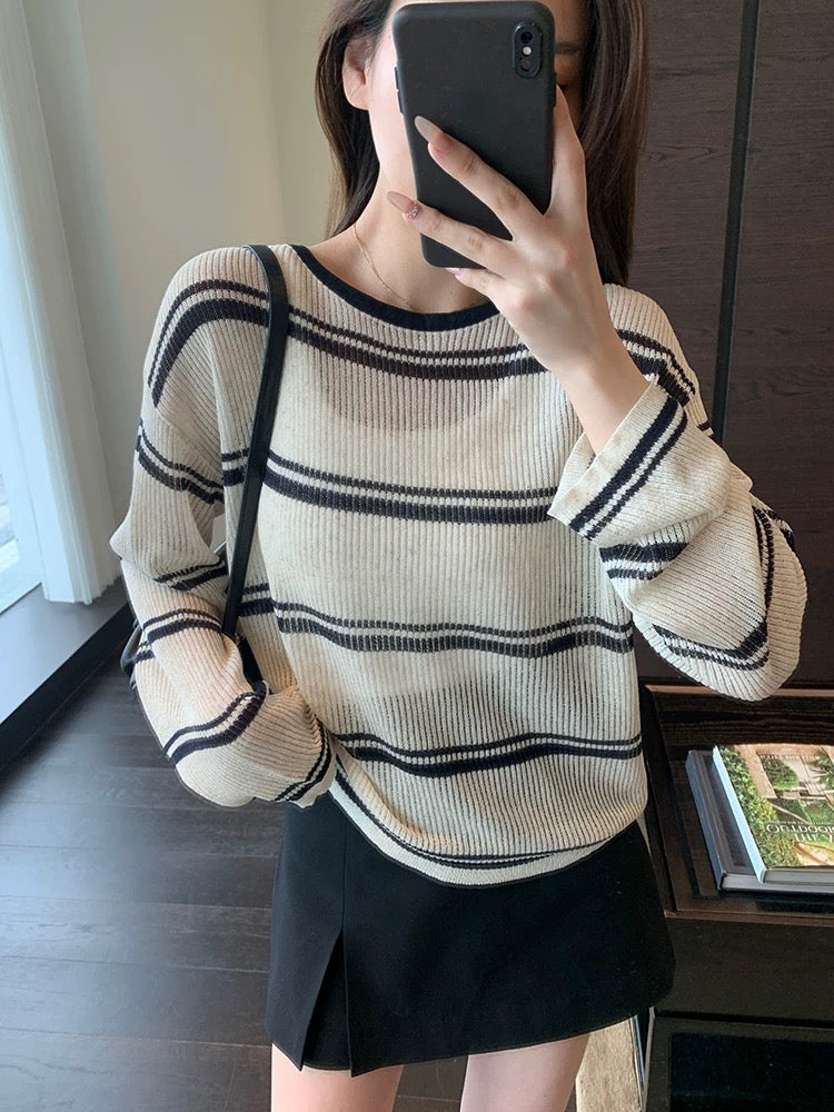 AMR UU◆Casual lazy sun protection blouse micro-perspective sweater loose striped sun protection clothing female spring and summer new