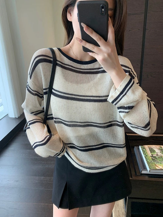 AMR UU◆Casual lazy sun protection blouse micro-perspective sweater loose striped sun protection clothing female spring and summer new