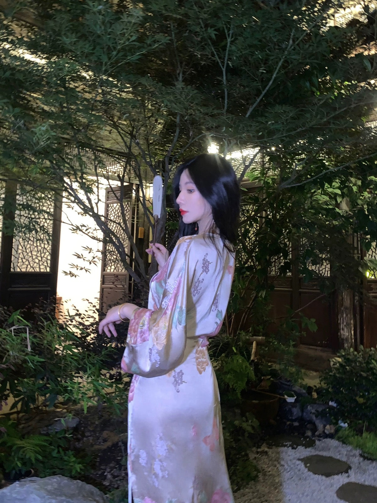 MOSS STUDIO [Furong Chunjuan] National style new Chinese style Xiangyunsha long-sleeved cheongsam slit dress for women