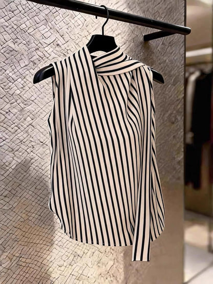 Women's Sleeveless Striped Halter-Neck Blouse with Tie Detail – Elegant, Slimming, and Versatile Summer Top
