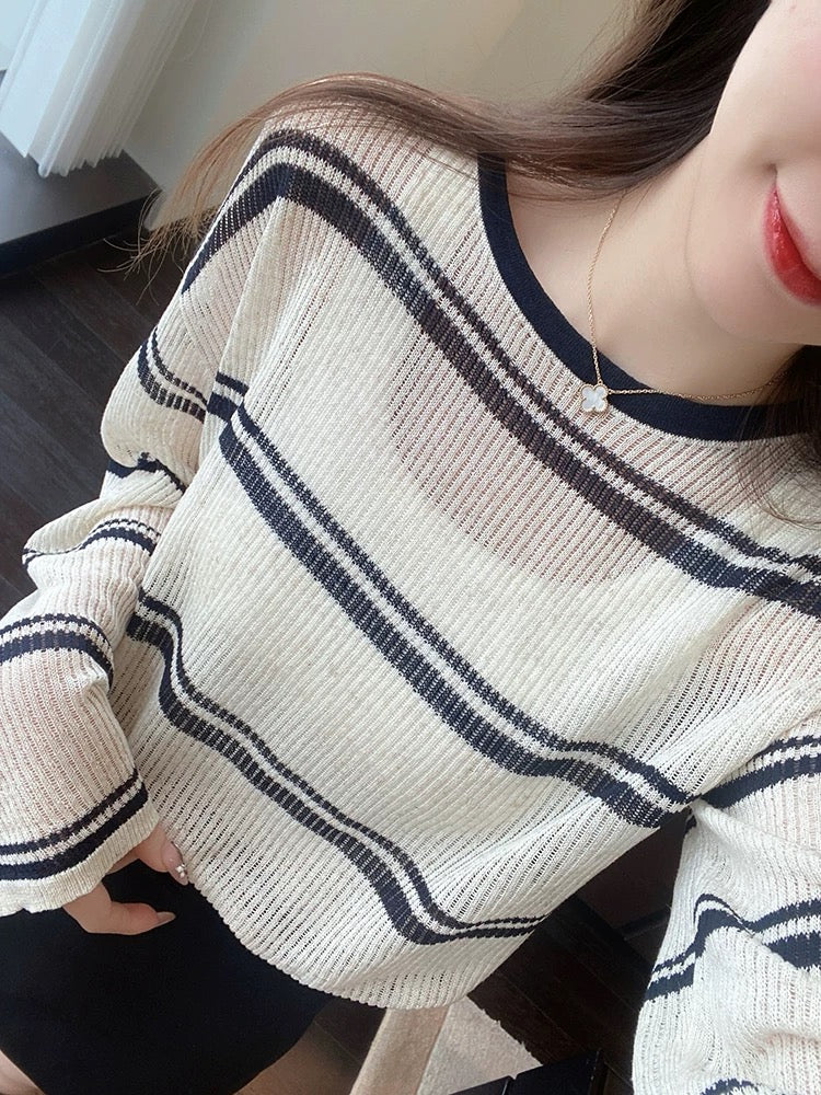 AMR UU◆Casual lazy sun protection blouse micro-perspective sweater loose striped sun protection clothing female spring and summer new