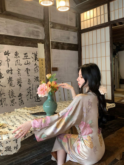 MOSS STUDIO [Furong Chunjuan] National style new Chinese style Xiangyunsha long-sleeved cheongsam slit dress for women