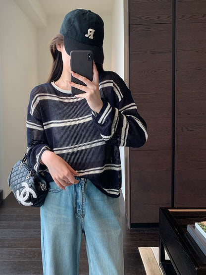 AMR UU◆Casual lazy sun protection blouse micro-perspective sweater loose striped sun protection clothing female spring and summer new