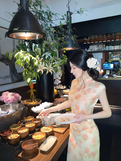 MOSS STUDIO【Embroidered Pavilion Jinzhan】Summer new Chinese style improved cheongsam mid-length dress for women