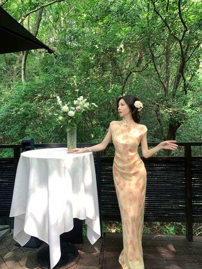 MOSS STUDIO【Embroidered Pavilion Jinzhan】Summer new Chinese style improved cheongsam mid-length dress for women