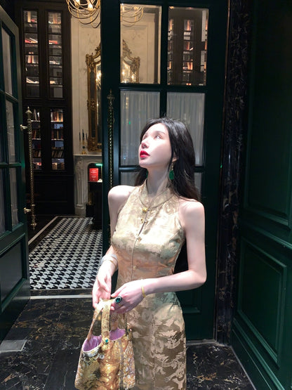 MOSS STUDIO【Jinluanfengge】New Chinese style summer improved cheongsam dress mid-length skirt for women
