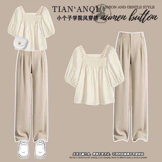 Summer fashion suit for women, petite, salty, mature, plus size, fat mm, slimming, meat-covering shirt, wide-leg pants, two-piece suit