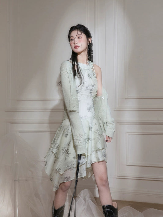 COTRE sky blue new Chinese style shoulder-cut bamboo shadow print dress