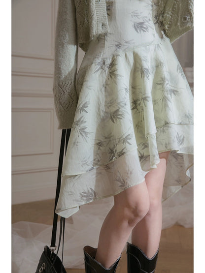 COTRE sky blue new Chinese style shoulder-cut bamboo shadow print dress