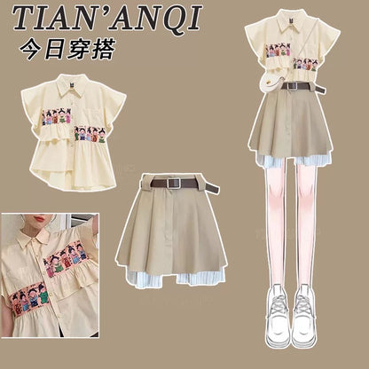 Summer dopamine outfit skirt suit for petite women sweet and spicy style street-blasting Hanfu top short skirt two-piece suit