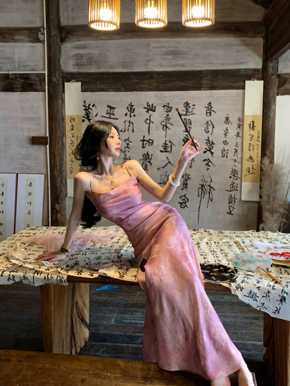 MOSS STUDIO [Huaying Yulu] Mid-length Chinese style new Chinese style rayon summer suspender dress for women