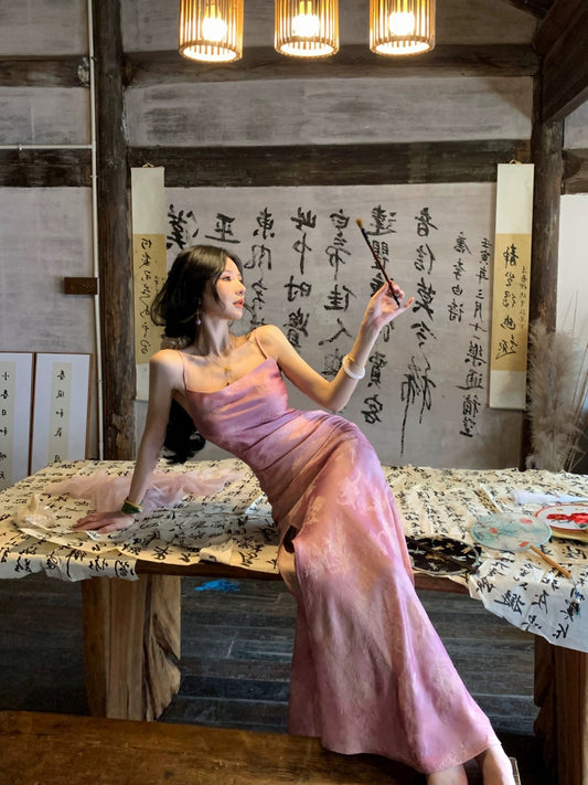 MOSS STUDIO [Huaying Yulu] Mid-length Chinese style new Chinese style rayon summer suspender dress for women