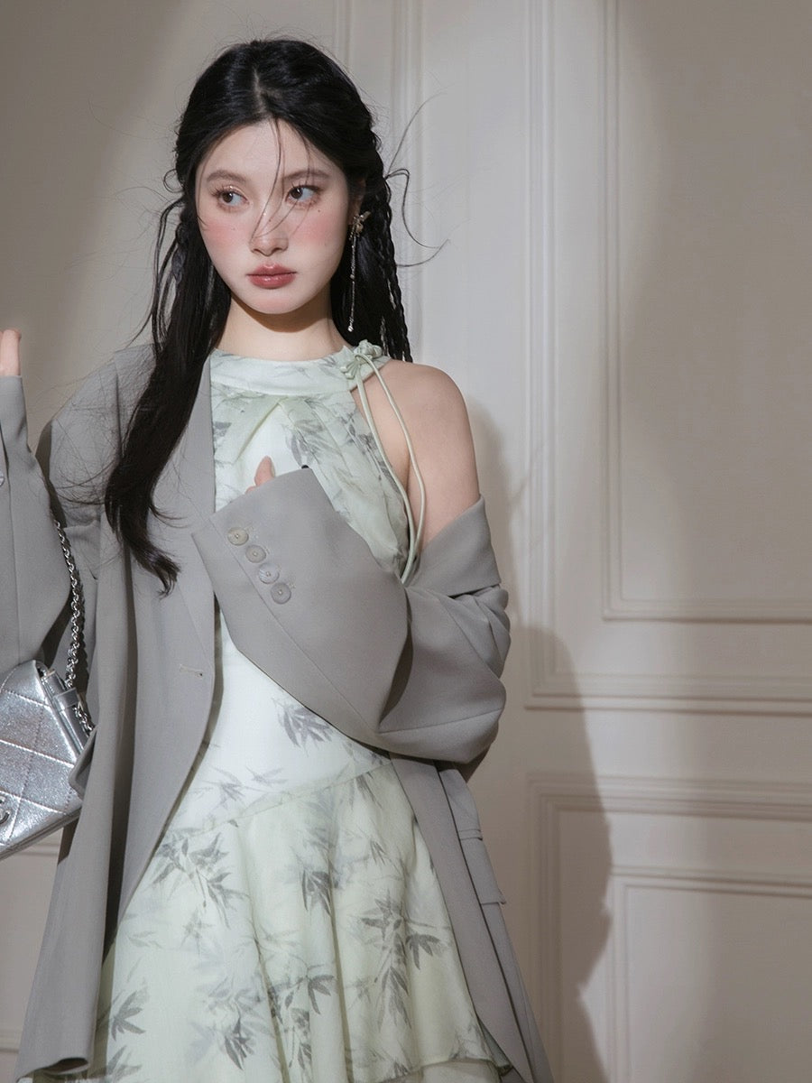 COTRE sky blue new Chinese style shoulder-cut bamboo shadow print dress
