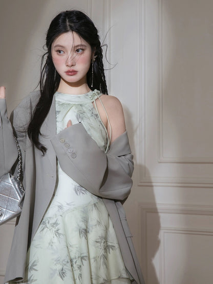 COTRE sky blue new Chinese style shoulder-cut bamboo shadow print dress