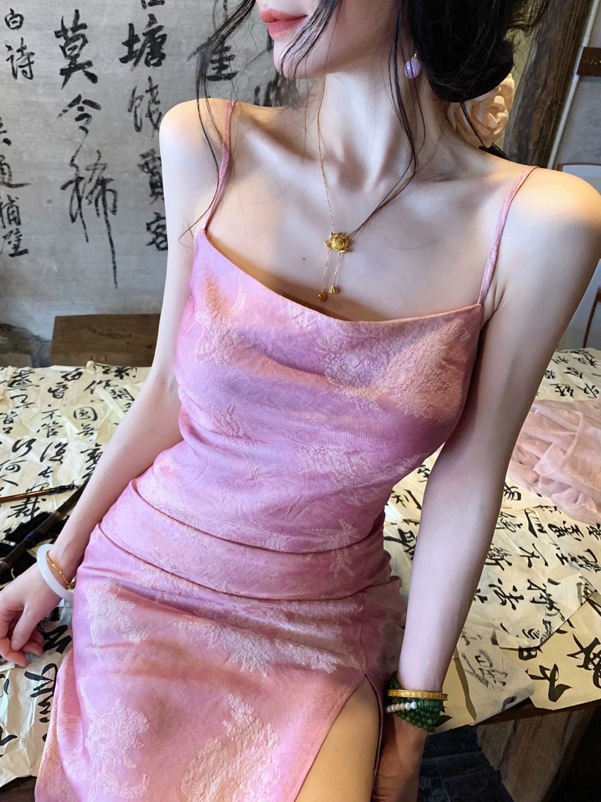 MOSS STUDIO [Huaying Yulu] Mid-length Chinese style new Chinese style rayon summer suspender dress for women