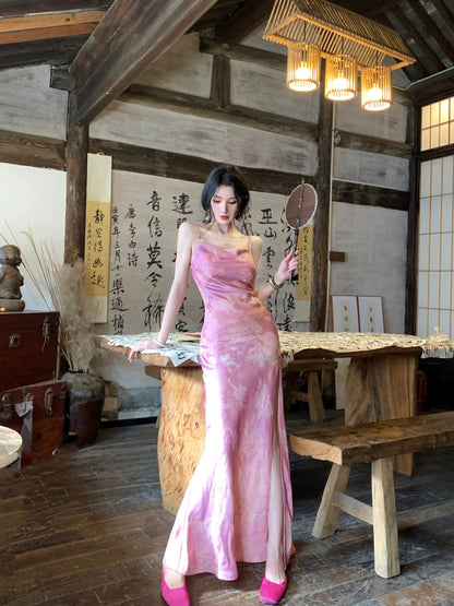 MOSS STUDIO [Huaying Yulu] Mid-length Chinese style new Chinese style rayon summer suspender dress for women