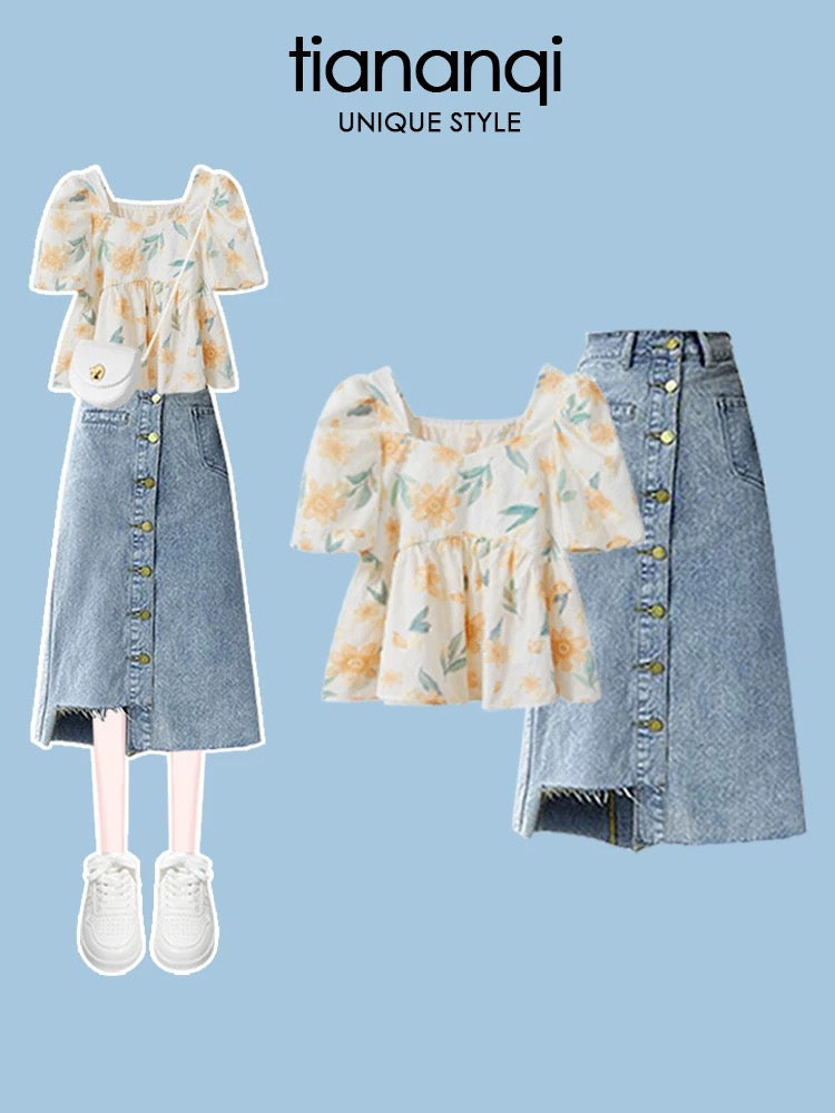 Large size women's denim skirt suits for petite women, breast-lined outfits, suspender shirts, skirts, fat mm two-piece suits for women