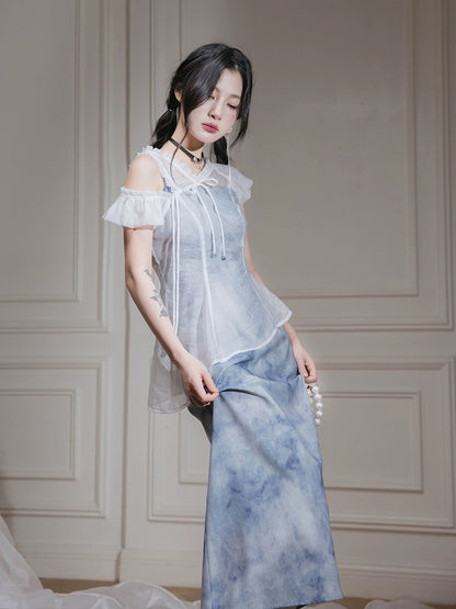 COTRE gauze moon white, star cloud mist blue transparent gauze top + dress two-piece set