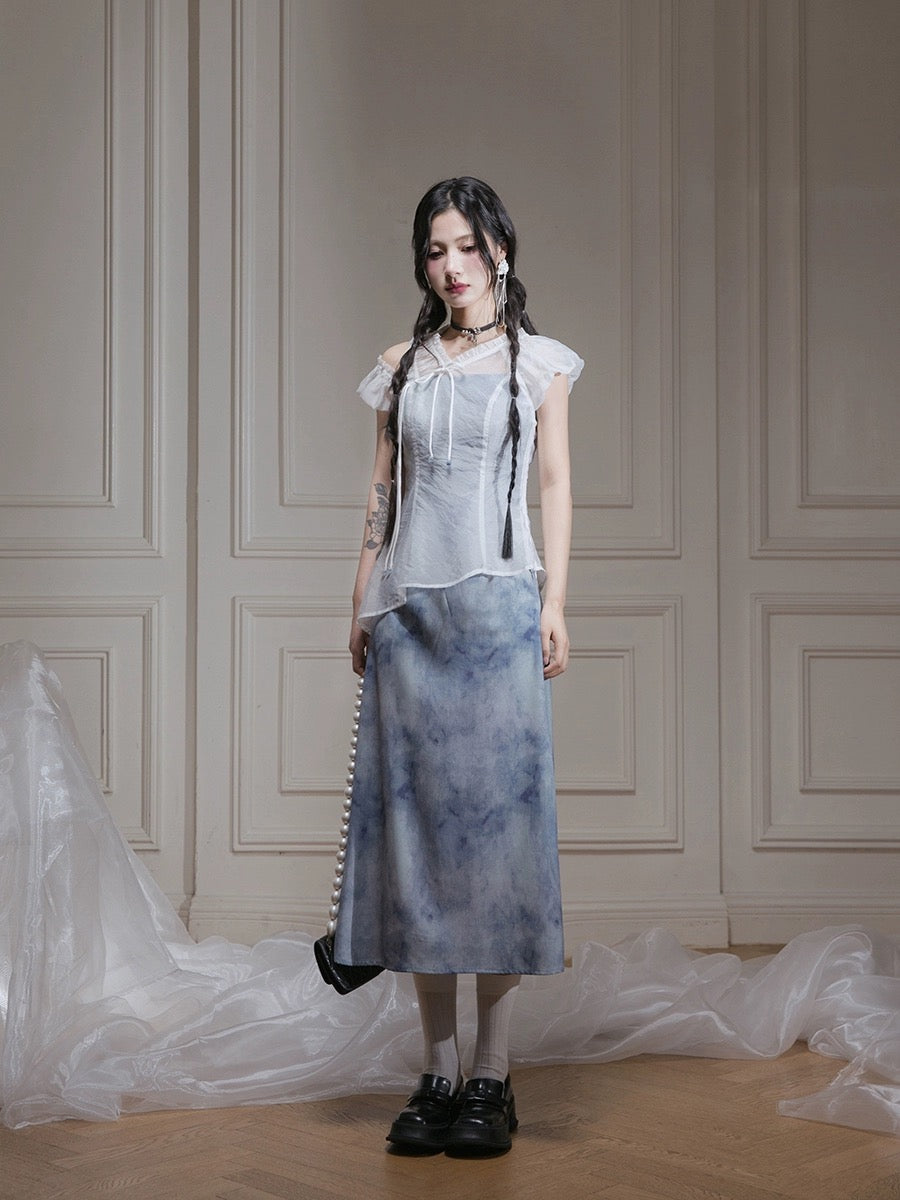 COTRE gauze moon white, star cloud mist blue transparent gauze top + dress two-piece set